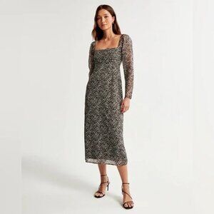 Abercrombie & Fitch Emerson Chiffon Long-Sleeve Midi Dress Black White Size XS